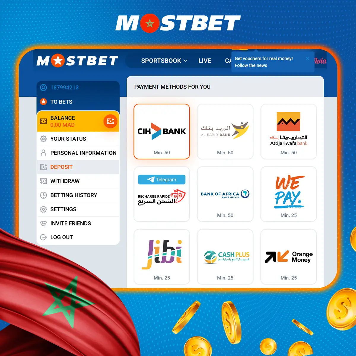 How to make your first deposit and withdraw money on the Mostbet Morocco platform