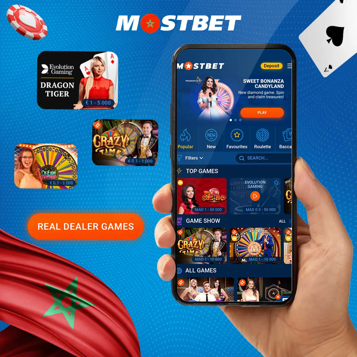 Large sélection de jeux avec croupier en direct au casino en ligne Mostbet Morocco